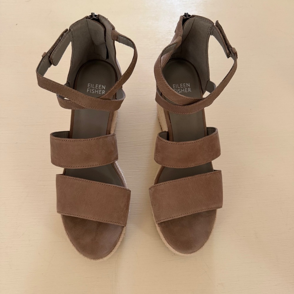 Eileen Fisher Grey/Taupe Leather Espadrille Wedge Sandals Sz8 Ankle Strap Zipper